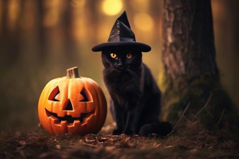Black cat with Halloween witch costume hat and carved pumpkin in forest. KI generiert, generiert AI