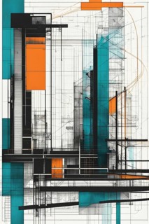 An abstract geometric design simulating architectural blueprints with teal and orange accents,