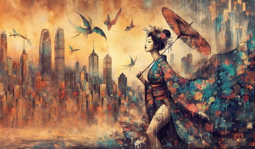 Elegant geisha with tattoo looking over a cityscape, surrounded by flowers in sunset colors, shunga