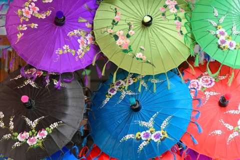Traditional parasols, Bagan, Mandalay Division, Myanmar, Asia