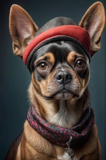 Chihuahua dog wearing a hat and scarf, exuding a serious yet stylish demeanor, over grey solid