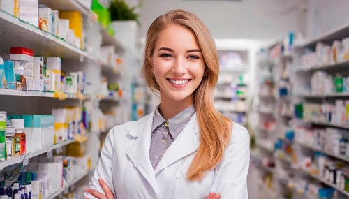 AI generated, A young pharmacist in her pharmacy, portrait, 30, 35, years, female, blonde, blond,