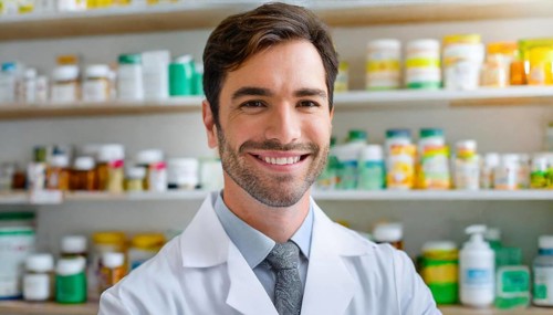 AI generated, A young pharmacist in his pharmacy, portrait, 30, 35, years, man, men, male, bearded,