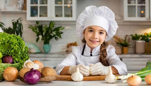 AI generated, human, humans, person, persons, child, children, 8 year old girl cutting onions in a