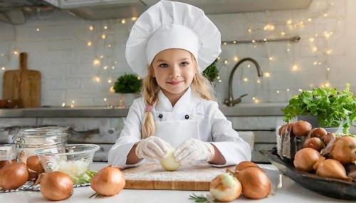AI generated, human, humans, person, persons, child, children, 8 year old girl cutting onions in a