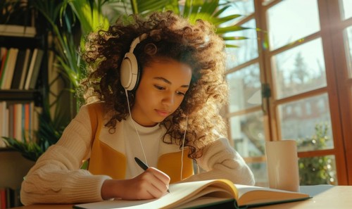 Young girl in headphones focused on studying with a notepad in morning sunlight AI generated