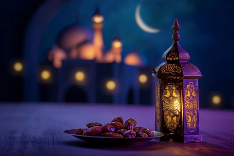 Ramadan lantern with a plate of succulent figs in violet purple tones with mosque and moon, set on