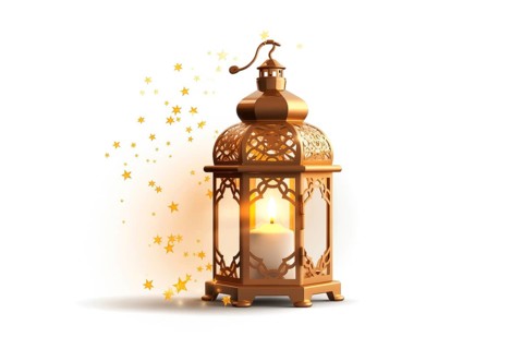 Golden Ramadan lantern on white background emits a warm glow, surrounded by sparkling stars,