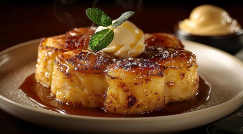 Malva pudding, caramelized dessert topped with ice cream and a mint leaf on a plate, ai generated,