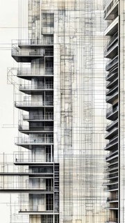 Monochrome architectural blueprint of a multistory residential building, vertical aspect ratio, off