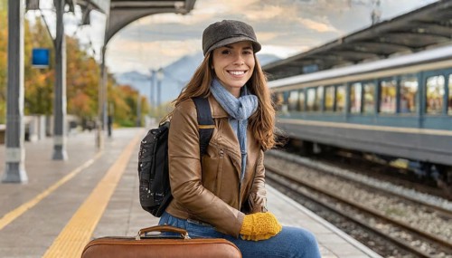 AI generated, A young blonde woman wants to travel and waits for the train at the station, 20, 25,