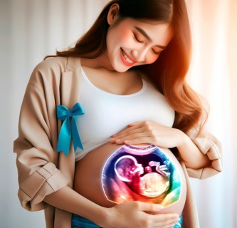A pregnant young woman with the ultrasound image of her unborn baby in the womb, symbolic image