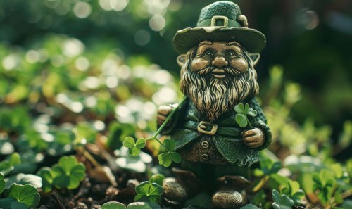 Saint Patrick's Day background with green clover and leprechaun. AI generated