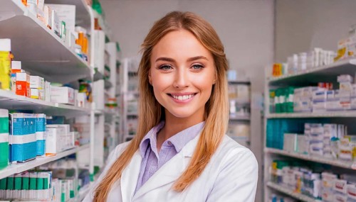 AI generated, A young pharmacist in her pharmacy, portrait, 30, 35, years, female, blonde, blond,