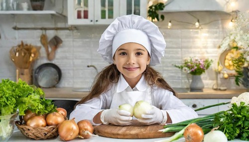 AI generated, human, humans, person, persons, child, children, 8 year old girl cutting onions in a