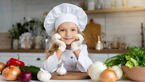 AI generated, human, humans, person, persons, child, children, 8 year old girl cutting onions in a