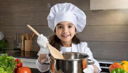 AI generated, human, humans, person, persons, child, children, 8 year old girl cooking a vegetable