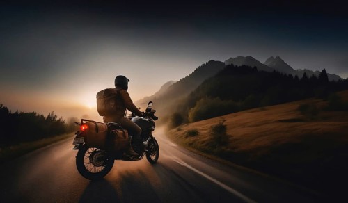 Traveling on a tourist motorcycle with panniers in the mountains at dawn, AI generated