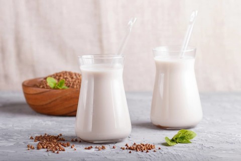 Organic non dairy buckwheat milk in glass and wooden plate with buckwheat seeds on a gray concrete