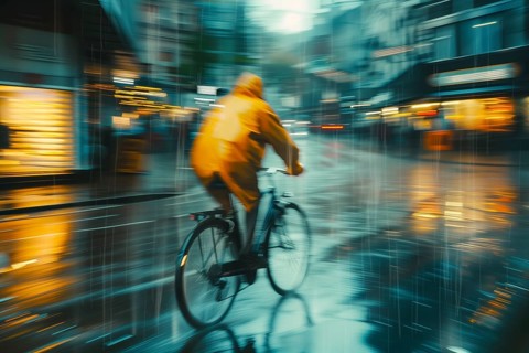 Cyclist in yellow mackintosh racing through wet urban streets in heavy rain, AI generated, AI