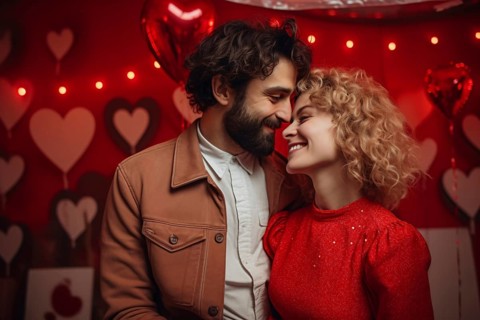 Cute couple in love at Valentine's day with heart shaped balloons. KI generiert, generiert AI