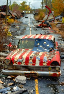 Symbolic image for the decline of some areas of the USA, an old car with the colours of the