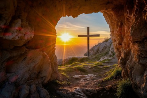Easter concept cross on Golgotha Calvary hill against a dramatic sunset seen from open tomb of