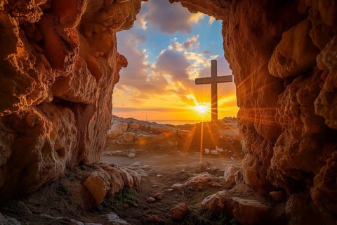 Easter concept cross on Golgotha Calvary hill against a dramatic sunset seen from open tomb of