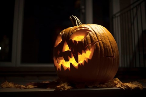 Scary carved Halloween pumpkin with spooky face and candle inside. KI generiert, generiert AI