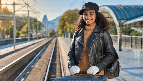 AI generated, A young blonde woman wants to travel and waits for the train at the station, 20, 25,