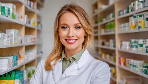 AI generated, A young pharmacist in her pharmacy, portrait, 30, 35, years, female, blonde, blond,