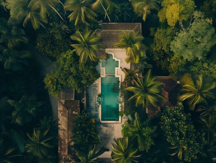 Aerial view of a secluded luxury villa with a swimming pool surrounded by tropical trees, Playa del
