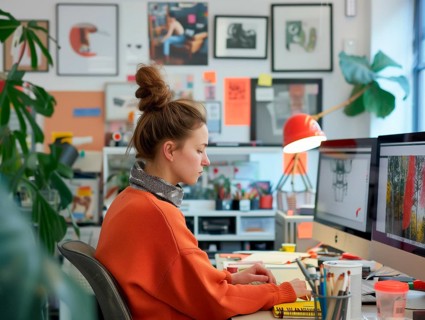 A woman focused on her work in a vibrant and creative office setup, creative professional, AI