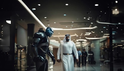 Robot bodyguard assistant to a businessman, personal security guard of a businessman, AI generated