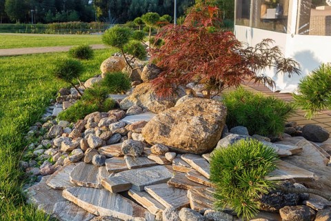 Elements of modern landscaping near restaurants. Druskininkai. Lithuania. Ornamental stone,