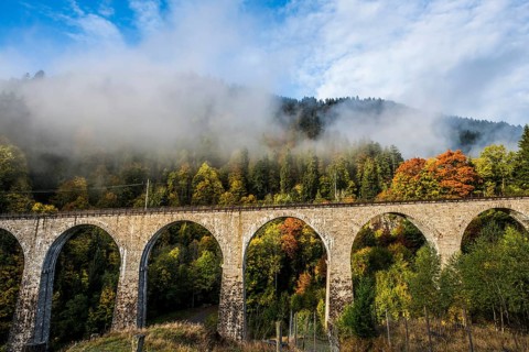 Railway bridge in the Ravenna Gorge, Hoellental in autumn, near Freiburg im Breisgau, Black Forest,