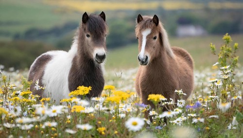 KI generated, animal, animals, mammal, mammals, biotope, habitat, two, flower meadow, foraging,