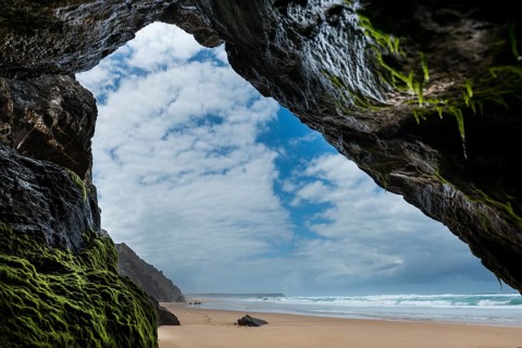 Rocky beach landscape, rocks, sea, Atlantic coast, rocky coast, beach, rock formation, cave, algae,