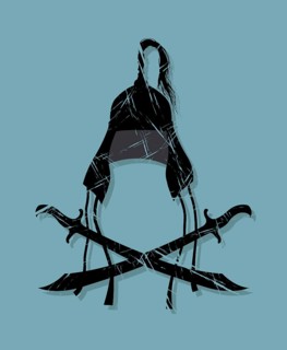 Tatar warrior helm and swords, vector grunge effect