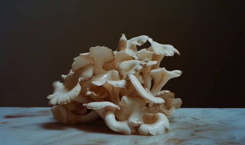 Oyster mushrooms on a marble table. Selective focus. AI generated
