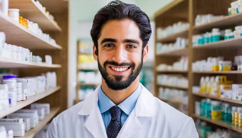 AI generated, A young pharmacist in his pharmacy, portrait, 30, 35, years, man, men, male, bearded,