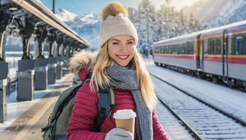AI generated, A young blonde woman wants to travel and waits for the train at the station, 20, 25,