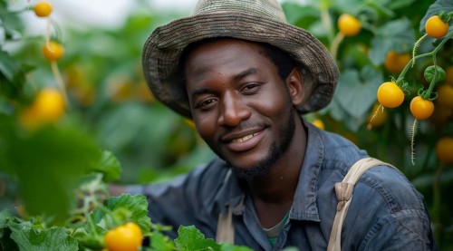 Young farmer with a genuine smile among tomato plants, ai generated, AI generated