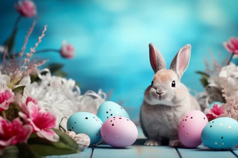 Cute Easter bunny sits beside colorful, decorated eggs amidst a vibrant green field under the