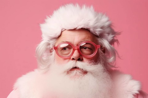 Santa Clauss with pink glasses on pastel pink background. KI generiert, generiert AI generated