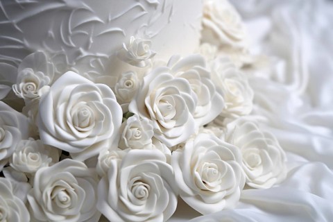 Close up of white sugar roses on wedding cake. KI generiert, generiert AI generated