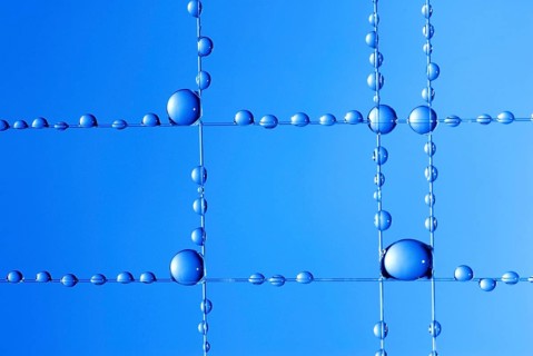 Small blue water droplets hang on fishing line