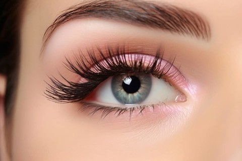 Close up of woman's eye with long black fake lashes and beautiful pink eyeshadow makeup. KI