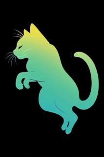 Simple art of a cat's jumping silhouette with a gradient from green to teal, minimalist vintage