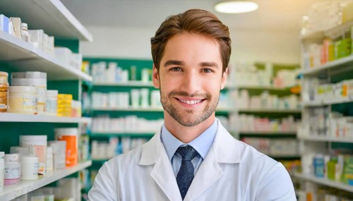 AI generated, A young pharmacist in his pharmacy, portrait, 30, 35, years, man, men, male, bearded,